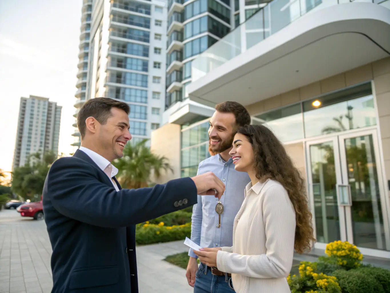 A real estate agent handing over keys to a smiling new homeowner in front of a modern Austin home, symbolizing the successful completion of a home purchase.