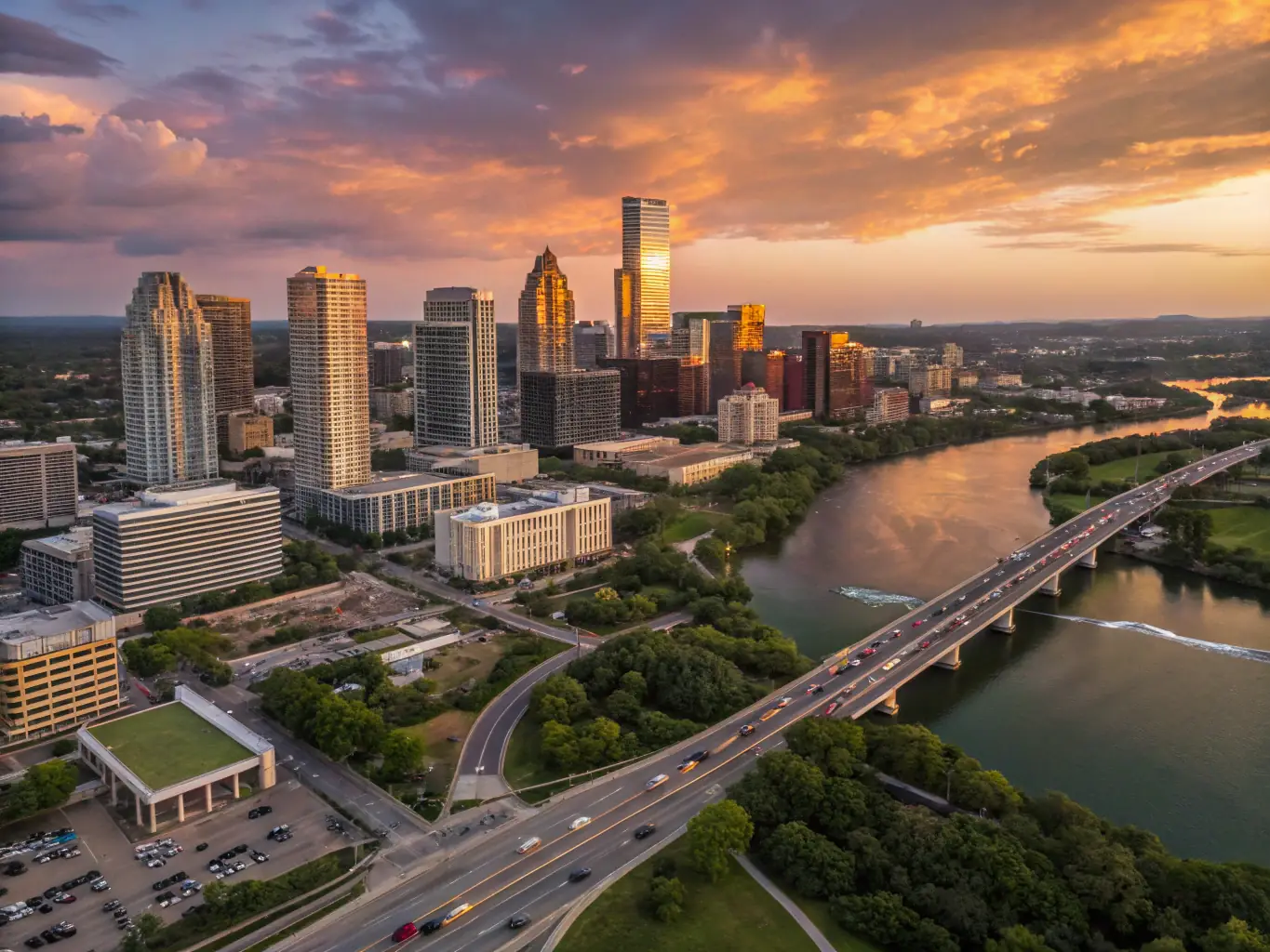 A picturesque view of Zilker Park with the Austin skyline in the background, representing the vibrant lifestyle and community.