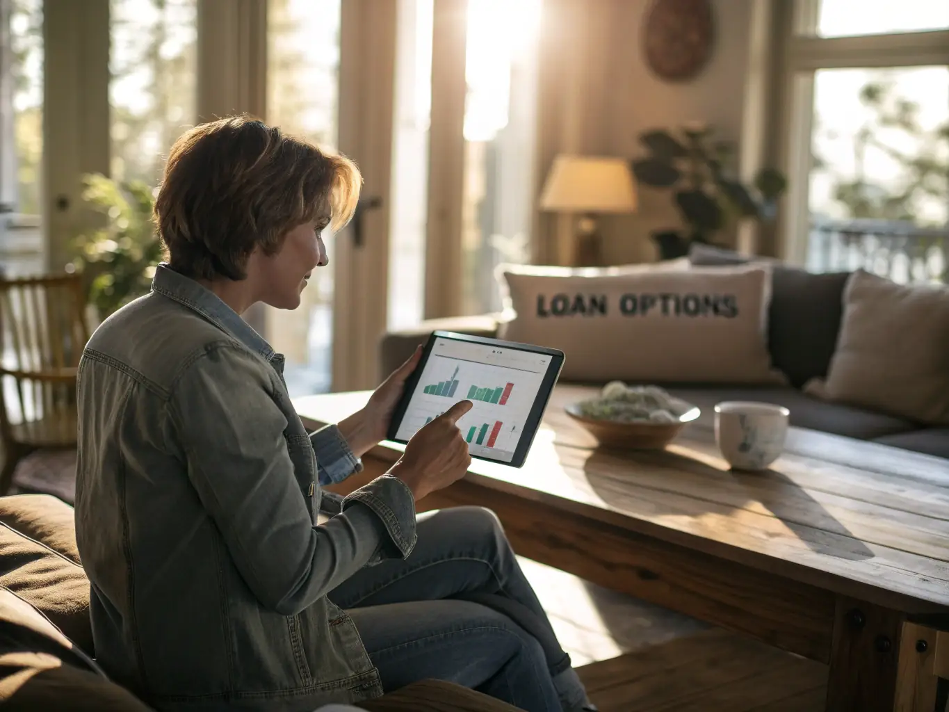 A person using a mortgage calculator on a laptop, with a cozy home interior in the background, representing the financial planning aspect of buying a home.
