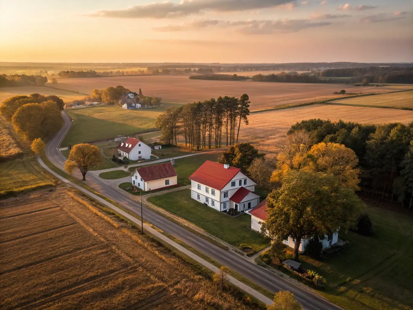 A modern Austin neighborhood street scene with well-maintained homes and lush landscaping, bathed in the warm glow of the setting sun, symbolizing the ideal Austin living experience.